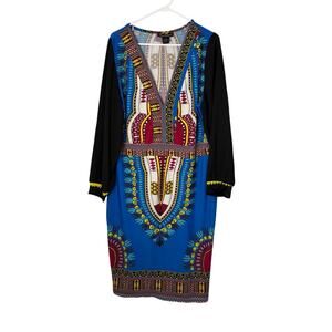 Ashley Stewart Size 14 16 Female Blue Dashiki Print Long Sleeve Knit Midi Dress